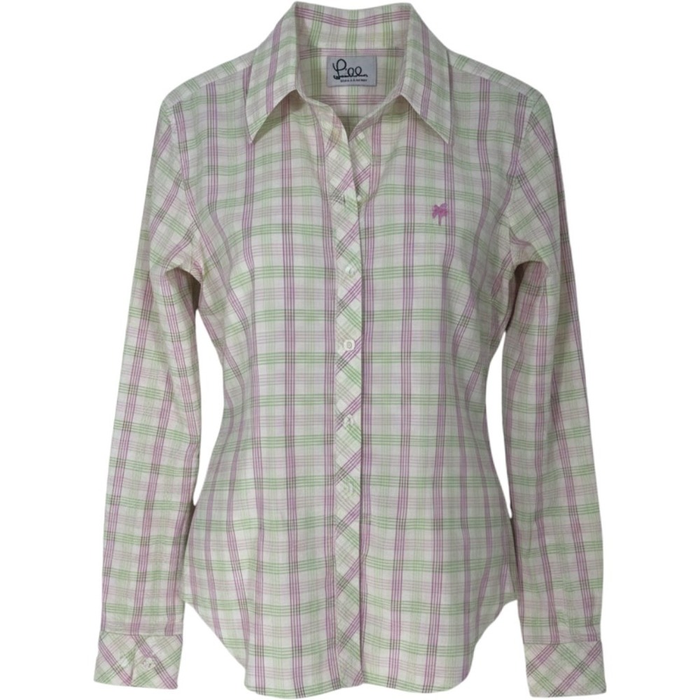 Lilly Pulitzer Pink Green Plaid Cotton Button Down Shirt Palm Tree Logo Size 6